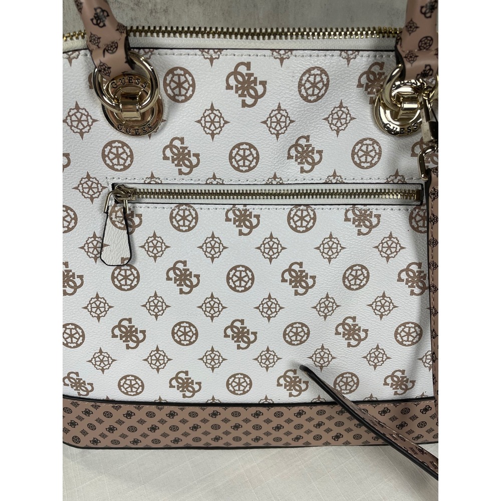 Guess Bella Vita Dome Satchel Handbag White Brown Logo Print Convertible Strap - Picture 13 of 15